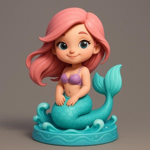 May include: A whimsical figurine of a mermaid with pink hair, a purple top, and a turquoise tail. The mermaid is sitting on a turquoise base with wave details. The figurine has large blue eyes and a gentle smile.