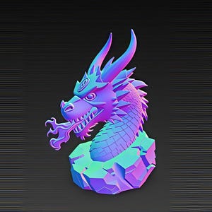 May include: A 3D-rendered dragon head sculpture in shades of blue, purple, and green. The dragon has detailed scales, horns, and a stylized flame. The sculpture sits on a geometric base against a dark background.