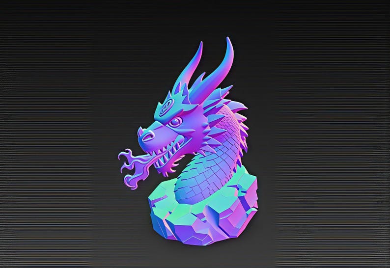 May include: A 3D-rendered dragon head sculpture in shades of blue, purple, and green. The dragon has detailed scales, horns, and a stylized flame. The sculpture sits on a geometric base against a dark background.