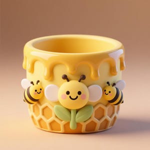 Puede incluir: Una maceta de cerámica amarilla con un diseño de goteo de miel. La maceta presenta tres abejas de dibujos animados y un patrón de panal. Las abejas son amarillas y negras con alas blancas. Un artículo decorativo encantador.