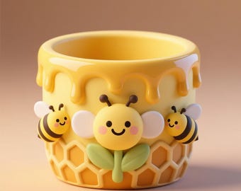 May include: A yellow ceramic planter with a honey-dripping design. The planter features three cartoon bees and a honeycomb pattern. The bees are yellow and black with white wings. The planter is a charming decorative item.