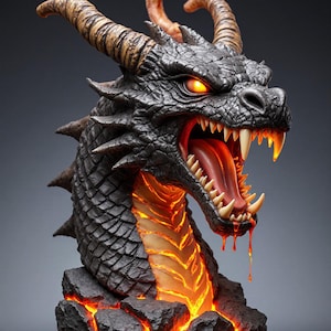 Può includere: Scultura dettagliata di una testa di drago, con un esterno nero strutturato e occhi arancioni luminosi. La bocca del drago è aperta, rivelando denti affilati e una lingua rossa. La scultura è montata su una base rocciosa con illuminazione arancione simile alla lava.