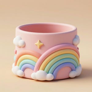 Puede incluir: Una maceta de cerámica rosa con un diseño de arcoíris y nubes. La maceta tiene forma cilíndrica con un acabado liso y mate. El arcoíris se extiende por el frente en colores pastel, con nubes blancas y una estrella amarilla.