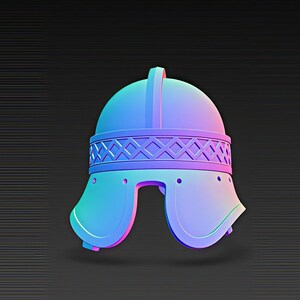 May include: A 3D-rendered helmet in shades of blue, purple, and pink. The helmet has a rounded top with a handle and a decorative band with a diamond pattern. The helmet's side pieces curve downward, and it has a dark background.
