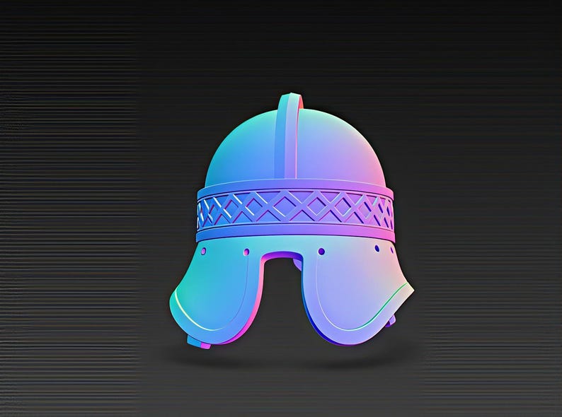 May include: A 3D-rendered helmet in shades of blue, purple, and pink. The helmet has a rounded top with a handle and a decorative band with a diamond pattern. The helmet's side pieces curve downward, and it has a dark background.