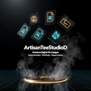May include: A digital art image featuring floating glowing icons and the text "ArtisanTeeStudioD". The icons are in the shape of documents and other digital objects. The text below reads "Premium Digital STL Designs, Instant Download, Print-Ready, Unique Creations."