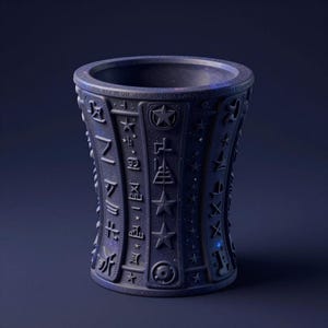 Puede incluir: Un jarrón azul oscuro con intrincadas tallas y una superficie texturizada. El diseño incluye estrellas, símbolos y lo que parece ser texto estilizado. El jarrón tiene una abertura ancha y un borde ligeramente ensanchado, con una pequeña luz azul en el lateral.