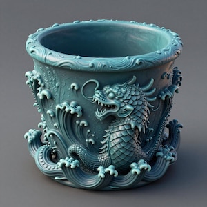 May include: A teal-colored ceramic pot with a detailed dragon and wave design. The dragon is sculpted with scales and a fierce expression, surrounded by stylized waves. The pot has a wide opening and a decorative rim.