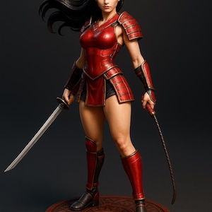 May include: A detailed figurine of a female samurai warrior in red armor, holding a sword and a whip. The figure stands on a circular, patterned base. The warrior wears a gold headpiece and black boots.