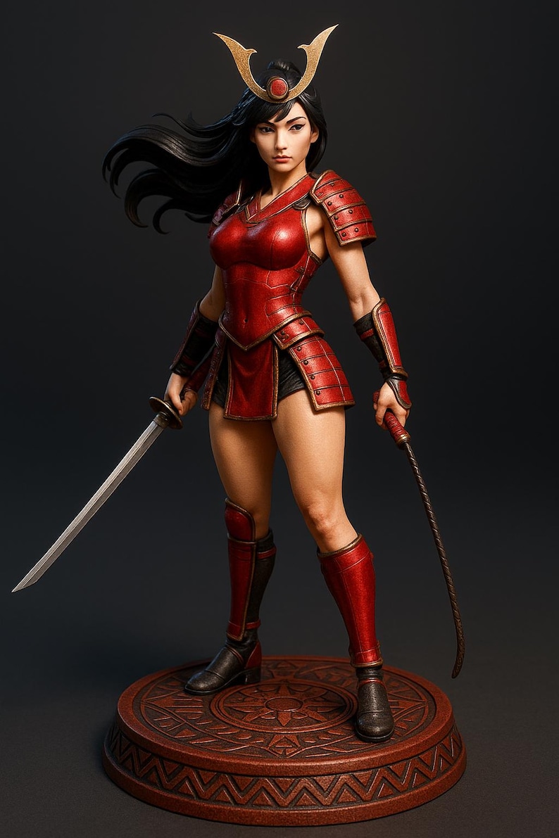 May include: A detailed figurine of a female samurai warrior in red armor, holding a sword and a whip. The figure stands on a circular, patterned base. The warrior wears a gold headpiece and black boots.