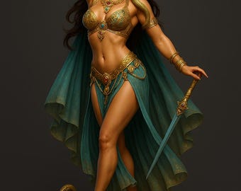 May include: A detailed statue of a woman in a teal and gold costume, adorned with jewelry and a snake. She holds a sword and stands on a decorative base. The statue has a fantasy theme.