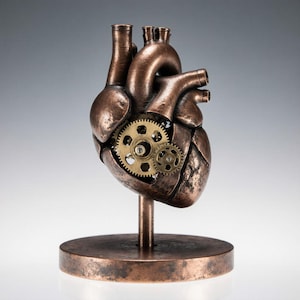 May include: A bronze-toned steampunk heart sculpture featuring visible gold-coloured gears. The heart is mounted on a stand with a circular base. The sculpture combines anatomical form with mechanical elements.
