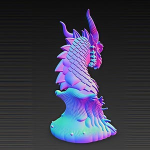 May include: A vibrant sculpture of a dragon in blue, purple, and pink hues. The dragon features a detailed, scaled body, horns, and a textured base. The artwork is set against a dark, textured background.