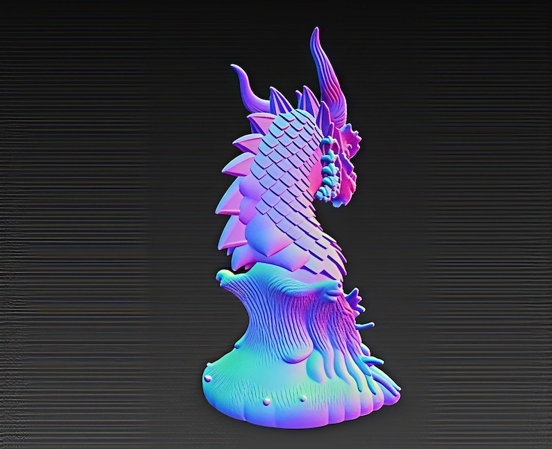 May include: A vibrant sculpture of a dragon in blue, purple, and pink hues. The dragon features a detailed, scaled body, horns, and a textured base. The artwork is set against a dark, textured background.