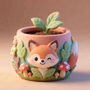 May include: A whimsical fox-themed planter pot. The pot features a smiling fox face, mushrooms, and foliage. The pot is a gradient of pink and blue, with a plant sprouting from the soil. A charming decorative item for any room.