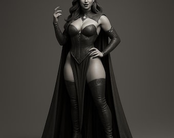 May include: A grayscale fantasy figure of a woman with pointed ears, wearing a dark leather corset, thigh-high boots, and a flowing cape. She has long wavy hair and a pendant necklace. The figure is standing on a circular base.