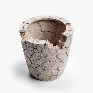 May include: A cylindrical, off-white ceramic vase with a cracked, textured surface. The top edge is broken in several places, revealing decorative, rolled paper elements. The vase has a rustic, aged appearance.