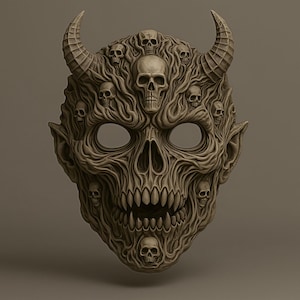 May include: A detailed, brown mask with a demonic design. The mask features a large skull with visible teeth, eye sockets, and multiple smaller skulls. It has large horns and pointed ears, creating a menacing appearance.