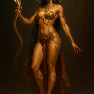 May include: A digital illustration of a woman in gold and red attire, holding a golden cobra staff. She wears a gold headdress, jewellery, and a flowing red skirt. The artwork is set against a dark background.