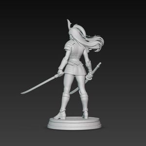May include: A 3D-printed figurine of a female warrior, viewed from the back. She wears armor, a short skirt, and boots, and holds two katanas. Her long hair flows behind her. The figure stands on a circular base.
