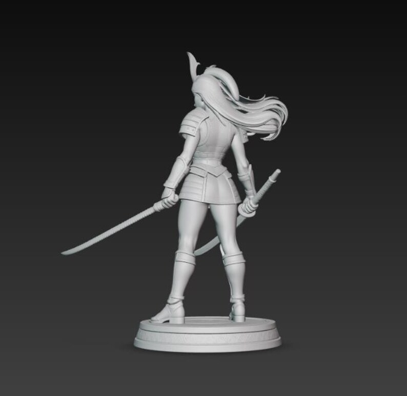 May include: A 3D-printed figurine of a female warrior, viewed from the back. She wears armor, a short skirt, and boots, and holds two katanas. Her long hair flows behind her. The figure stands on a circular base.