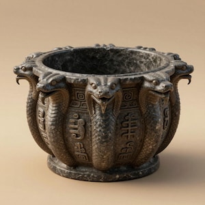 Könnte beinhalten: Eine dunkelgraue, runde dekorative Schale mit einer Reihe von Schlangenköpfen, die den Rand umgeben. Die Schale hat eine strukturierte Oberfläche und ist mit aufwendigen Schnitzereien und Symbolen verziert. Die Schlangen sind mit detaillierten Schuppen und offenem Maul geformt.