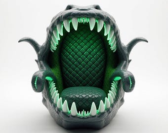 May include: A distinctive dark green chair designed as a crocodile's open mouth. The interior features a quilted pattern, lit with a bright green glow. The teeth are white, and the chair has claw-like armrests.