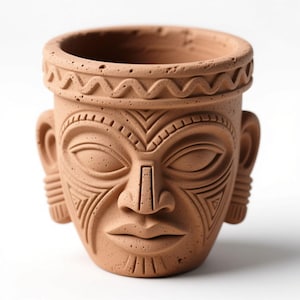 以下が含まれることがあります： テラコッタ色のプランターで、彫刻された部族の顔のデザインが施されています。 プランターは、目、鼻、口などの詳細な顔の特徴を備えています。 リムには装飾的なパターンがあります。 小さな植物や多肉植物に適しています。