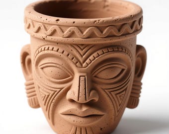 Maceta tribal con diseño de cara (STL y 3MF) para impresión 3D.