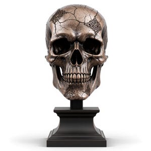 May include: Bronze-colored skull sculpture with intricate crackled texture and decorative lace-like patterns. The skull is mounted on a black pedestal, creating a gothic or macabre aesthetic. A decorative item.