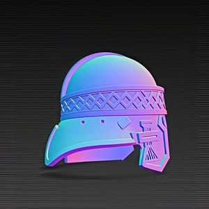 May include: A 3D-rendered, stylized helmet in shades of blue, purple, and teal. The helmet features a rounded top, a decorative band with a geometric pattern, and a beak-like visor. The design has a futuristic or fantasy aesthetic.