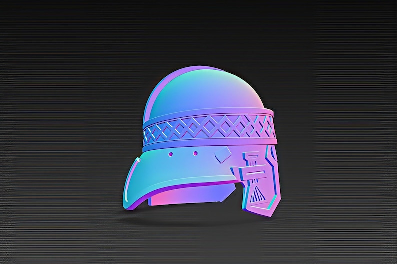 May include: A 3D-rendered, stylized helmet in shades of blue, purple, and teal. The helmet features a rounded top, a decorative band with a geometric pattern, and a beak-like visor. The design has a futuristic or fantasy aesthetic.