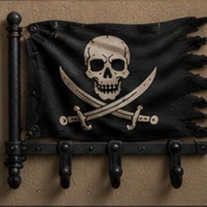 May include: A black pirate flag with a beige skull and crossbones graphic, featuring a distressed, frayed edge on the right side. The flag is attached to a black metal pole and a horizontal bar equipped with three matching black metal hooks.