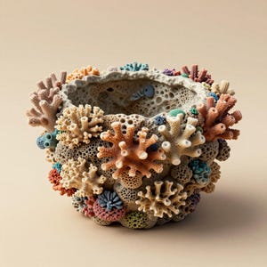 以下が含まれることがあります： 多孔質で質感のある表面を持つ、サンゴの形をした装飾的なボウル。オレンジ、ベージュ、ピンク、ブルー、グリーンなど様々な色のサンゴの形が飾られています。ボウルの内側は薄いベージュ色です。