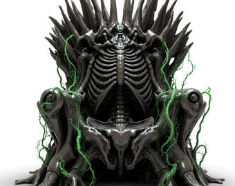 Puede incluir: Un trono gris oscuro con un diseño esquelético, con respaldo de caja torácica y reposabrazos. Enredaderas verdes se entrelazan con la estructura del trono. El trono tiene una corona puntiaguda y una apariencia orgánica detallada.