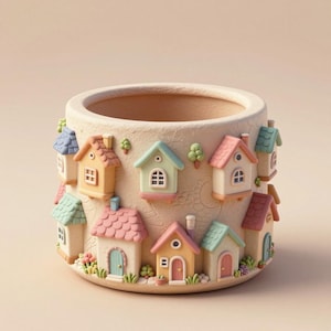 May include: A beige ceramic planter decorated with miniature houses in various colors. The houses have details like doors, windows, and roofs, creating a whimsical village scene. The planter is suitable for small plants.