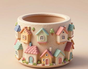 Cute Village House Planter STL File – Fairy Town Decorative Pot for 3D Printing, Digital