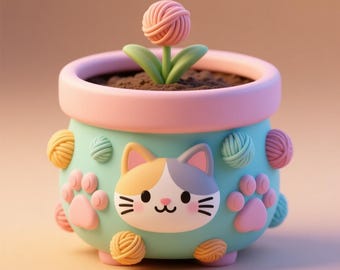 Cute Cat Planter STL File – Kawaii Kitty Pot for 3D Printing, Digital Download STL