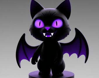 May include: A black cat figurine with purple eyes, nose, and bat wings. The cat has a smiling expression with visible fangs and is standing on a black circular base. The overall design has a Halloween theme.