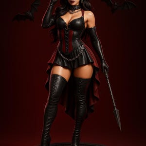 Könnte beinhalten: Eine gotische Figur einer Frau in einem schwarzen und roten Korsett, Rock und Oberschenkelstiefeln. Sie trägt einen Zylinder und hält einen Speer. Zwei Fledermausfiguren sind im Hintergrund. Die Figur steht auf einem dekorativen Sockel.