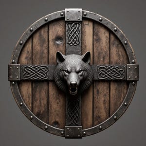 May include: A round wooden shield with a dark metal rim and accents. The shield features a detailed wolf head in the center and Celtic knot designs. The wood has a natural grain, and the metal has a weathered appearance.