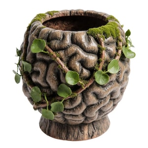 May include: A brown, brain-shaped planter with a textured surface, adorned with green moss and vines. The planter sits on a pedestal base, creating a unique and artistic container for plants.