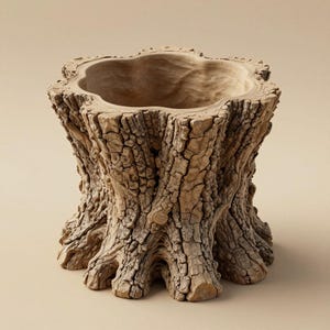 Op de afbeelding: Een decoratieve houten boomstronk planter met een natuurlijke, verweerde uitstraling. De planter heeft een brede, onregelmatige opening en een textuur, schorsachtige buitenkant. De kleur is lichtbruin.