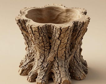 Tree Stump Planter STL File – Realistic Wood Texture Pot for 3D Printing, Digital Download
