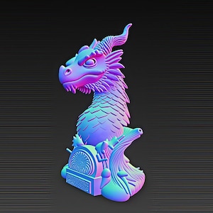 May include: A 3D-rendered dragon figurine in shades of blue, purple, and pink. The dragon has detailed scales, horns, and a stylized base with a circular design. The figurine is set against a dark background.