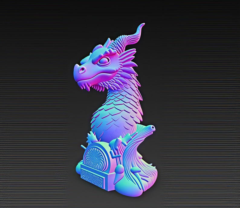 May include: A 3D-rendered dragon figurine in shades of blue, purple, and pink. The dragon has detailed scales, horns, and a stylized base with a circular design. The figurine is set against a dark background.