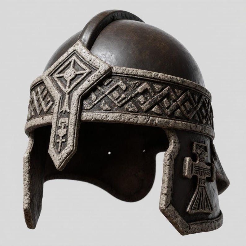 May include: A bronze-colored helmet with intricate, raised stone-like detailing. The helmet features a decorative band with geometric patterns and a central emblem. The design suggests a historical or fantasy theme, with a focus on craftsmanship.