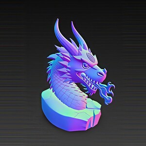 May include: A 3D-rendered dragon head sculpture in shades of purple, blue, and green. The dragon has sharp teeth, a long tongue, and intricate details. The sculpture sits on a geometric base against a dark background.