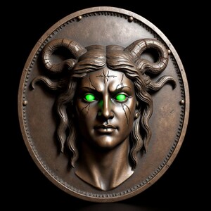 May include: Bronze-colored relief sculpture of a woman's face with horns and glowing green eyes. The face has detailed cracks and a cross symbol on the forehead. The sculpture is set within a circular frame with a textured edge.