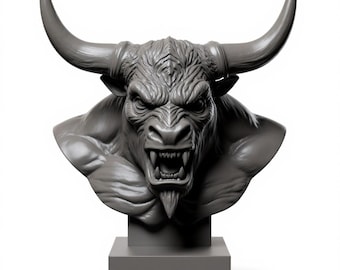 May include: A gray sculpture of a bull's head and upper torso, mounted on a rectangular base. The bull has large, curved horns, an open mouth with visible teeth, and a fierce expression. The sculpture is detailed and appears to be made of a solid material.
